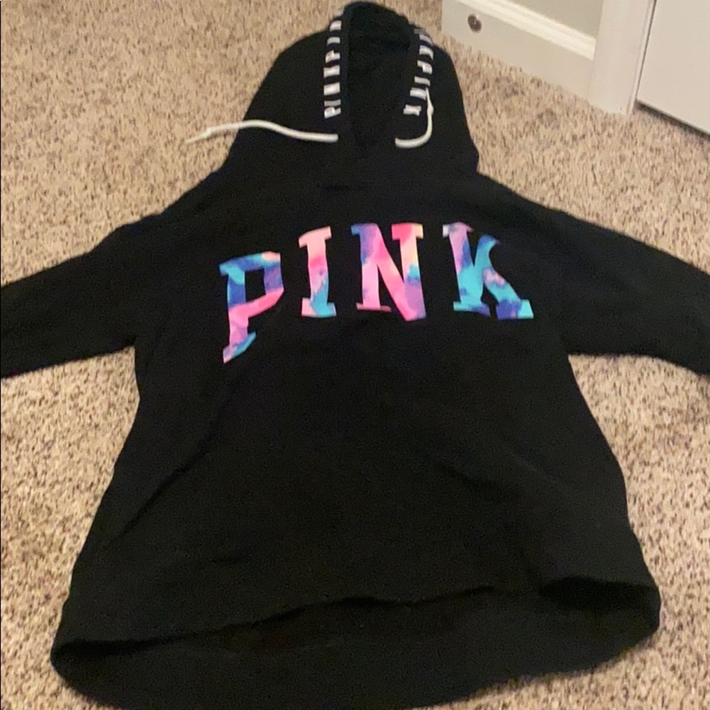 VS Pink black hoodie with rainbow lettering